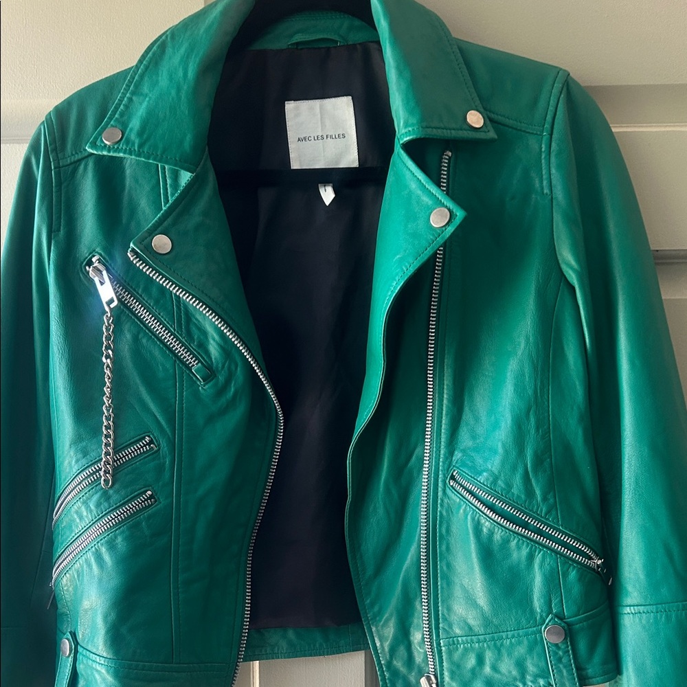 Avec Les Filles Emerald Green Leather Moto Jacket
